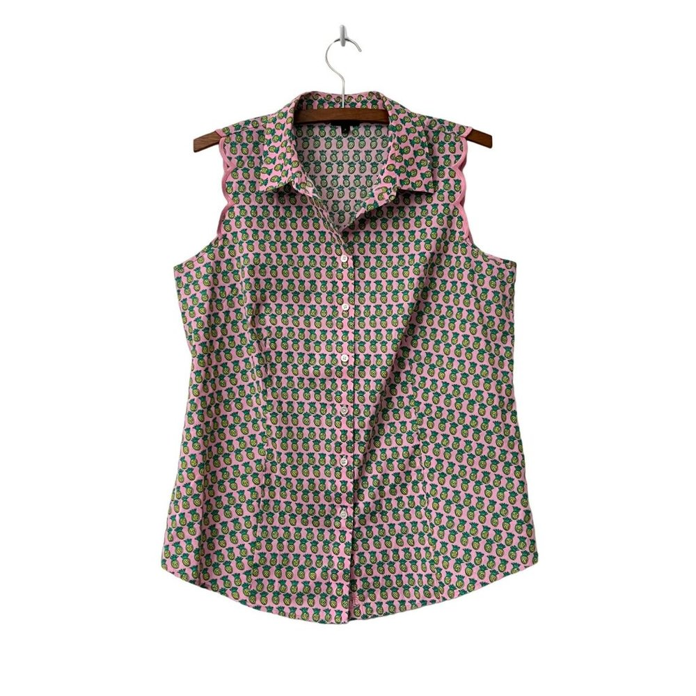 Talbots Sleeveless Pink And Green Pineapple Print Button-Down Top